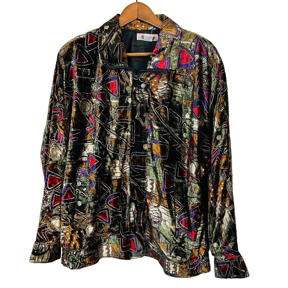 Vintage 80s KoCal Full Zip Velvet Metallic Jacket Abstract Art Print Mobwife XL